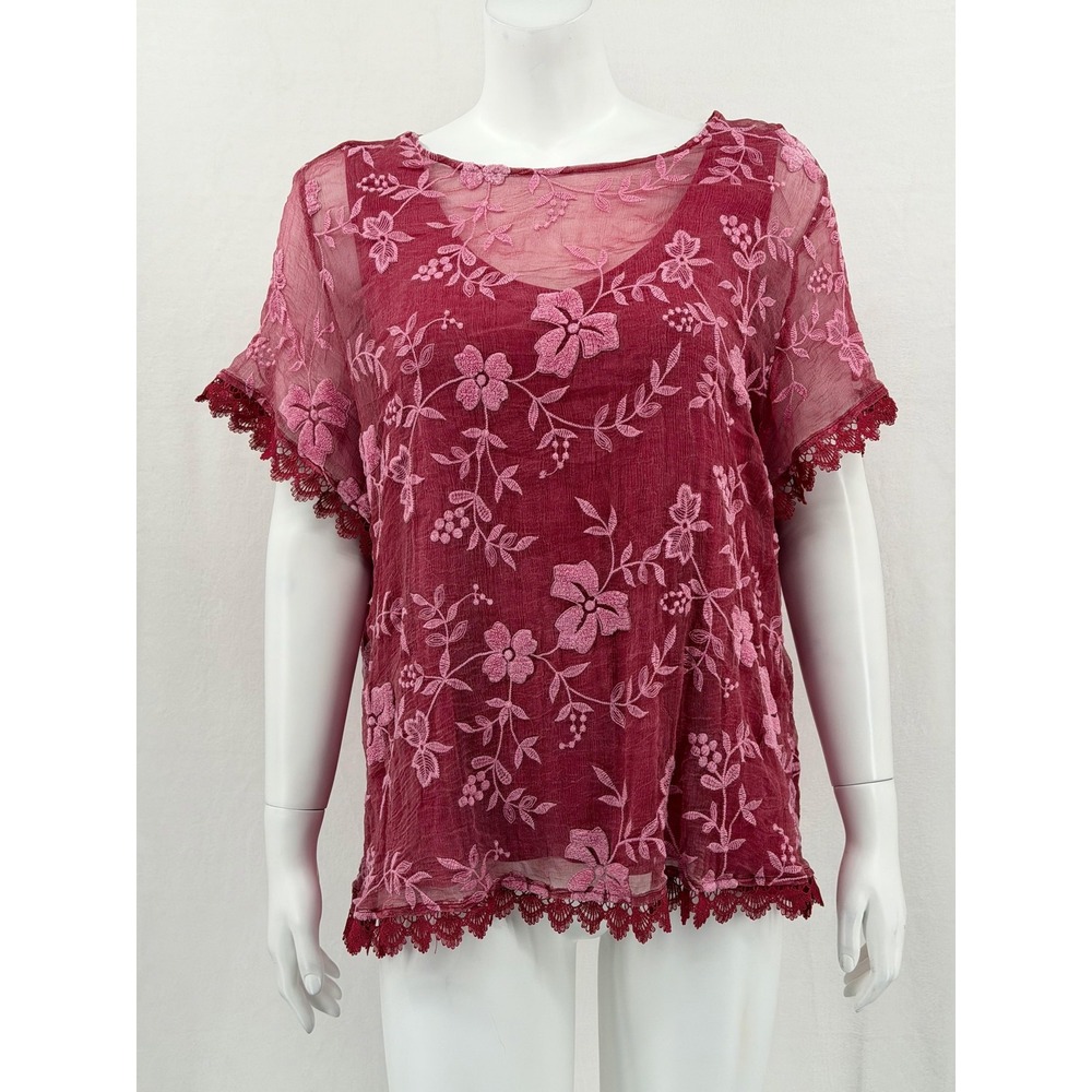 Soft Surroundings Top Womens 2X Red Pink 100% Silk Floral Embroidered Boho Lace